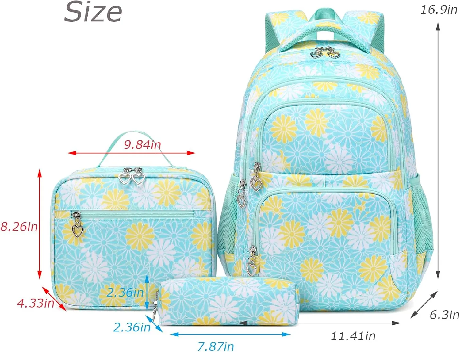 Daisy Printed Backpack for Girl Kid 3pcs Set Bookbag with Lunch Box Daypack, Elementary School bag for Teen Girls