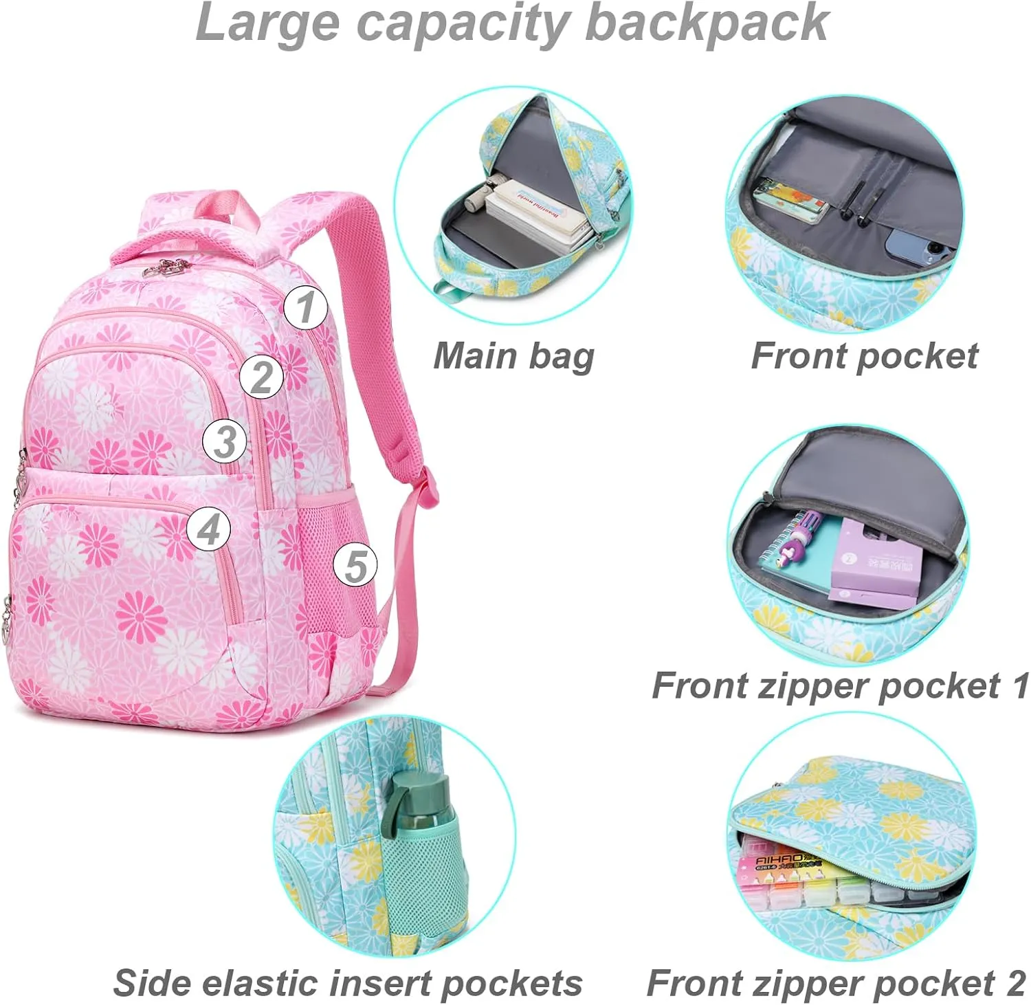 Daisy Printed Backpack for Girl Kid 3pcs Set Bookbag with Lunch Box Daypack, Elementary School bag for Teen Girls