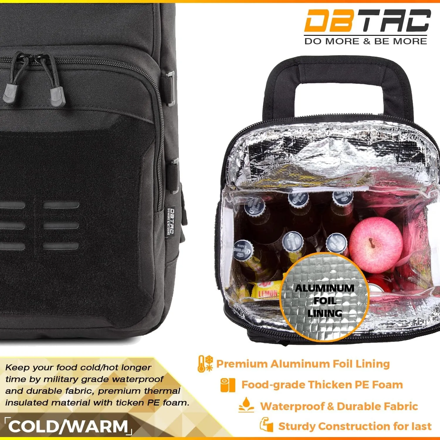 DBTAC Tactical Lunch Backpack, Large Lunch Cooler for Men Women Adult | Cooler Backpack Insulated Leak Proof for Work Camping Fishing Outdoor Travel w/Soft Easy-Clean Liner x2 (Black, 24-Cans)