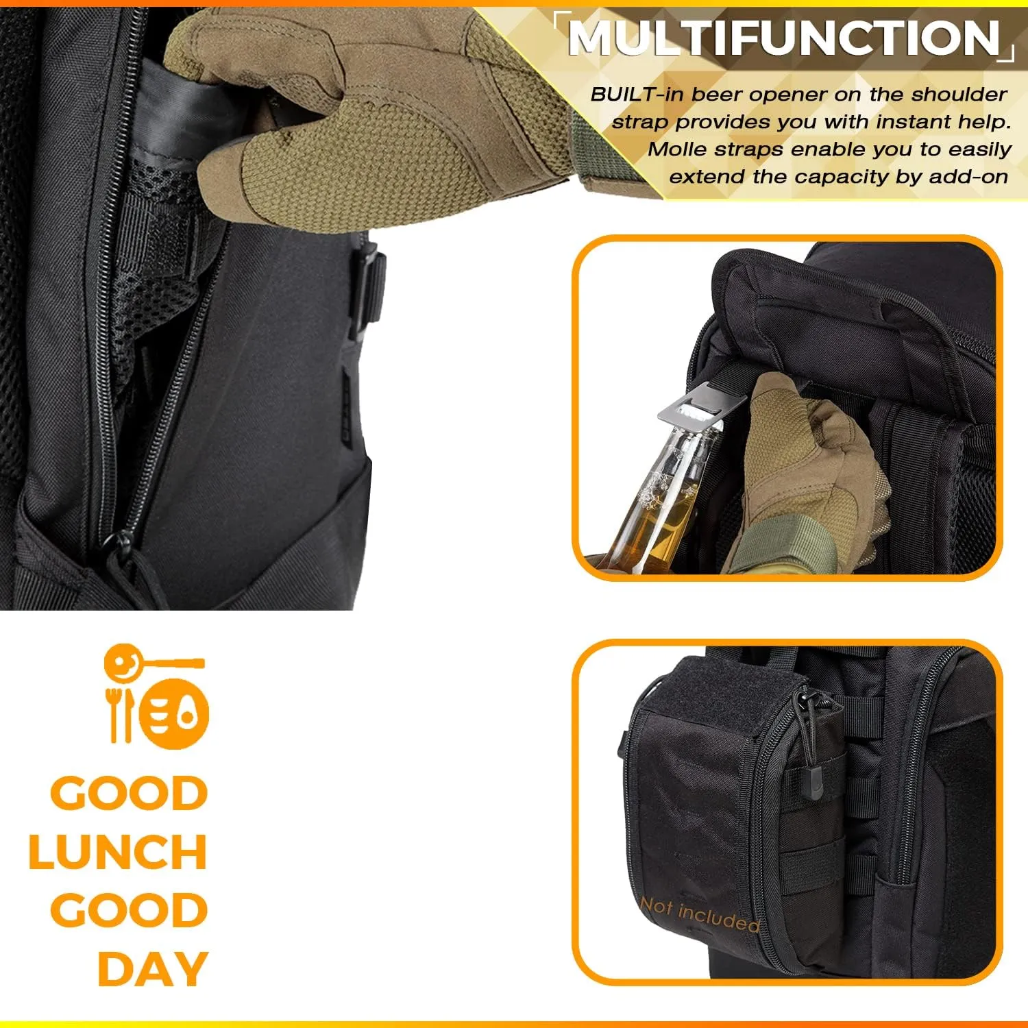 DBTAC Tactical Lunch Backpack, Large Lunch Cooler for Men Women Adult | Cooler Backpack Insulated Leak Proof for Work Camping Fishing Outdoor Travel w/Soft Easy-Clean Liner x2 (Black, 24-Cans)