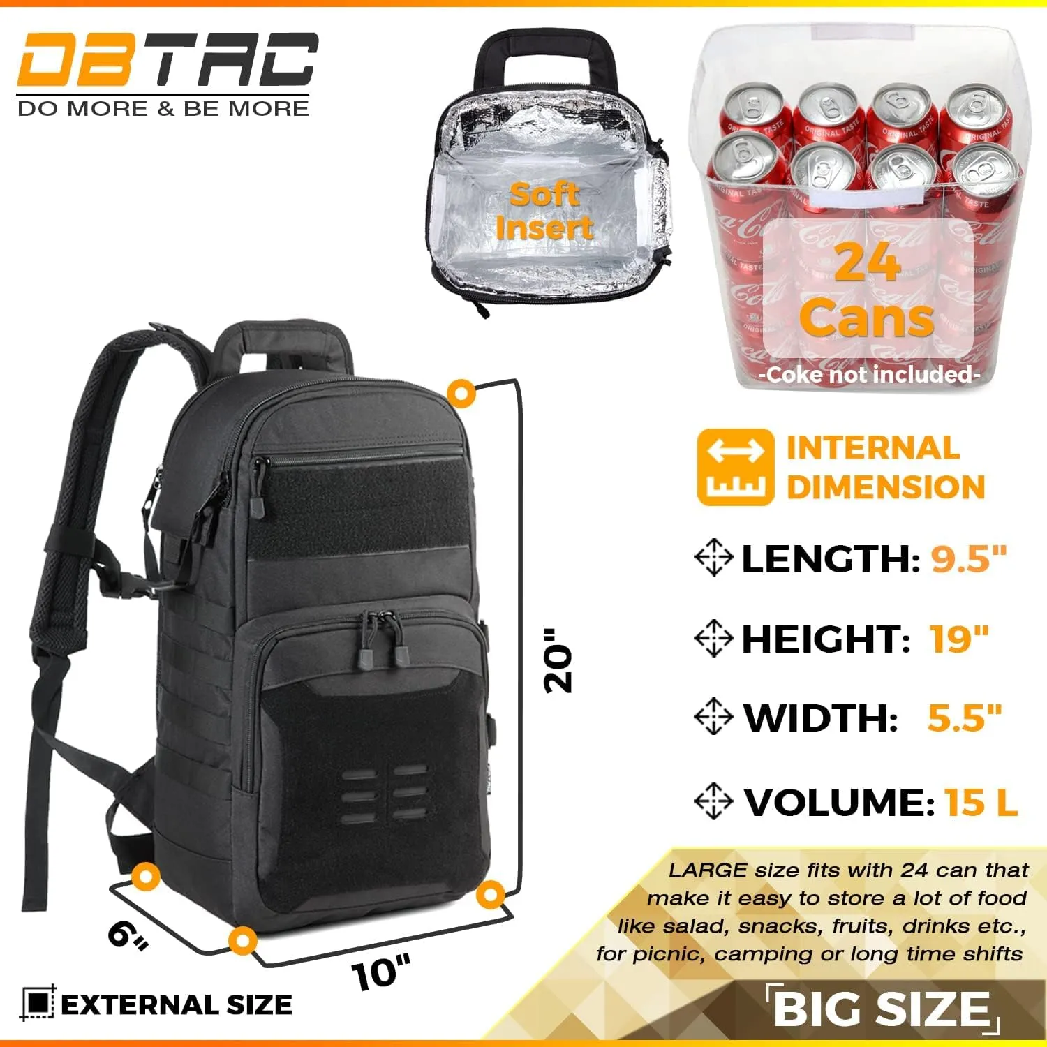 DBTAC Tactical Lunch Backpack, Large Lunch Cooler for Men Women Adult | Cooler Backpack Insulated Leak Proof for Work Camping Fishing Outdoor Travel w/Soft Easy-Clean Liner x2 (Black, 24-Cans)