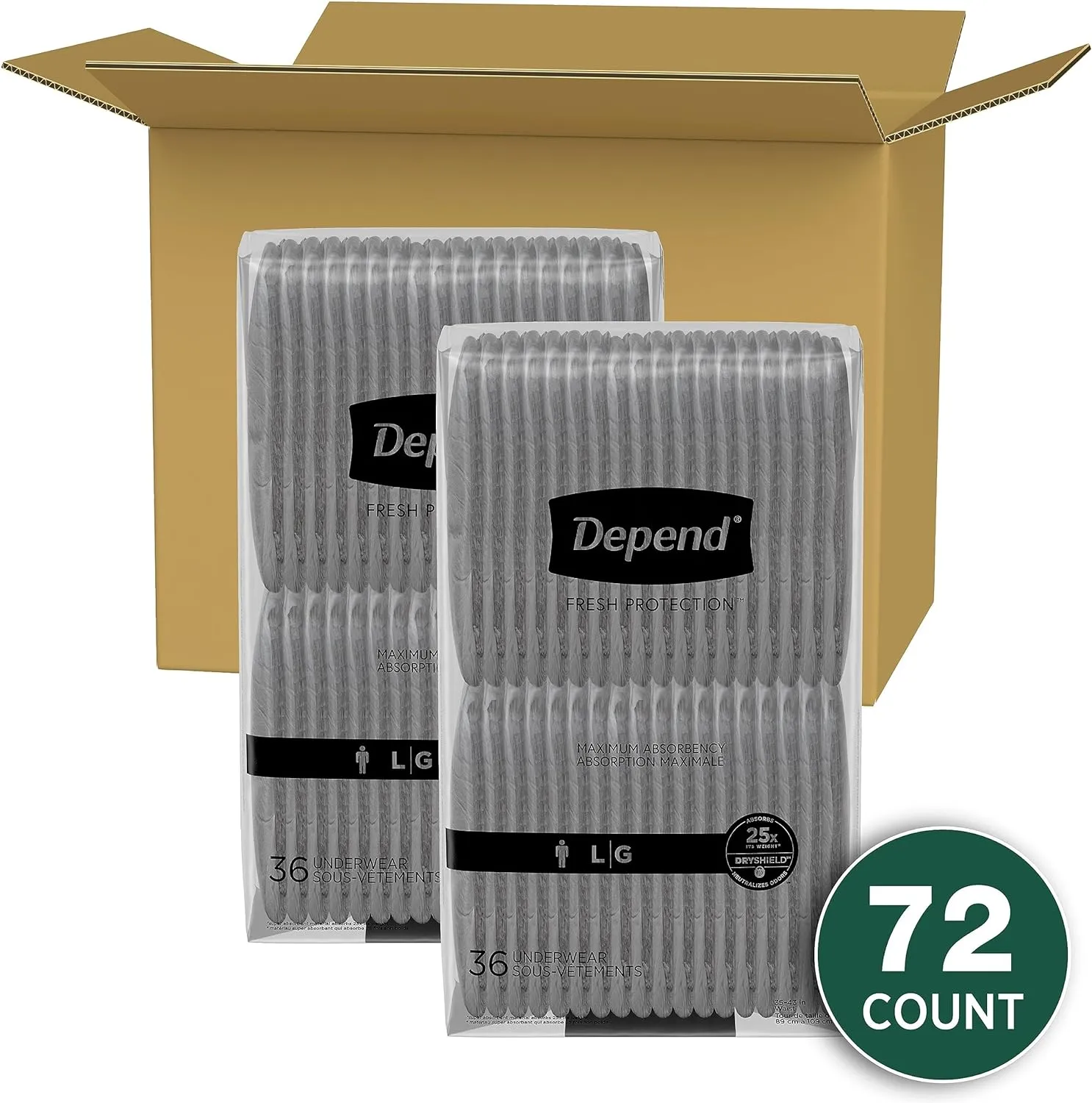 Depend Fresh Protection Adult Incontinence Underwear for Men, Disposable, Maximum, Large, Grey, 72 Count (2 Packs of 36), Packaging May Vary
