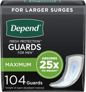 Depend Incontinence Guards/Incontinence Pads for Men/Bladder Control Pads, Maximum Absorbency, 104 Count (2 Packs of 52), Packaging May Vary