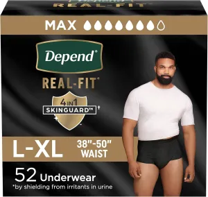 Depend Real Fit Incontinence Underwear for Men, Disposable, Maximum Absorbency, Large/Extra Large, Black, 52 Count (2 packs of 26), Packaging May Vary