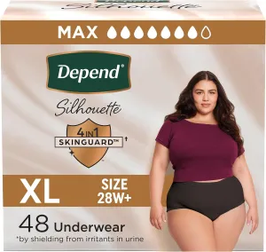 Depend Silhouette Adult Incontinence & Postpartum Bladder Leak Underwear for Women, Maximum Absorbency, Extra Large, Black, 48 Count (2 Packs of 24), Packaging May Vary