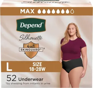 Depend Silhouette Adult Incontinence & Postpartum Bladder Leak Underwear for Women, Maximum Absorbency, Large, Black, 52 Count (2 Packs of 26), Packaging May Vary