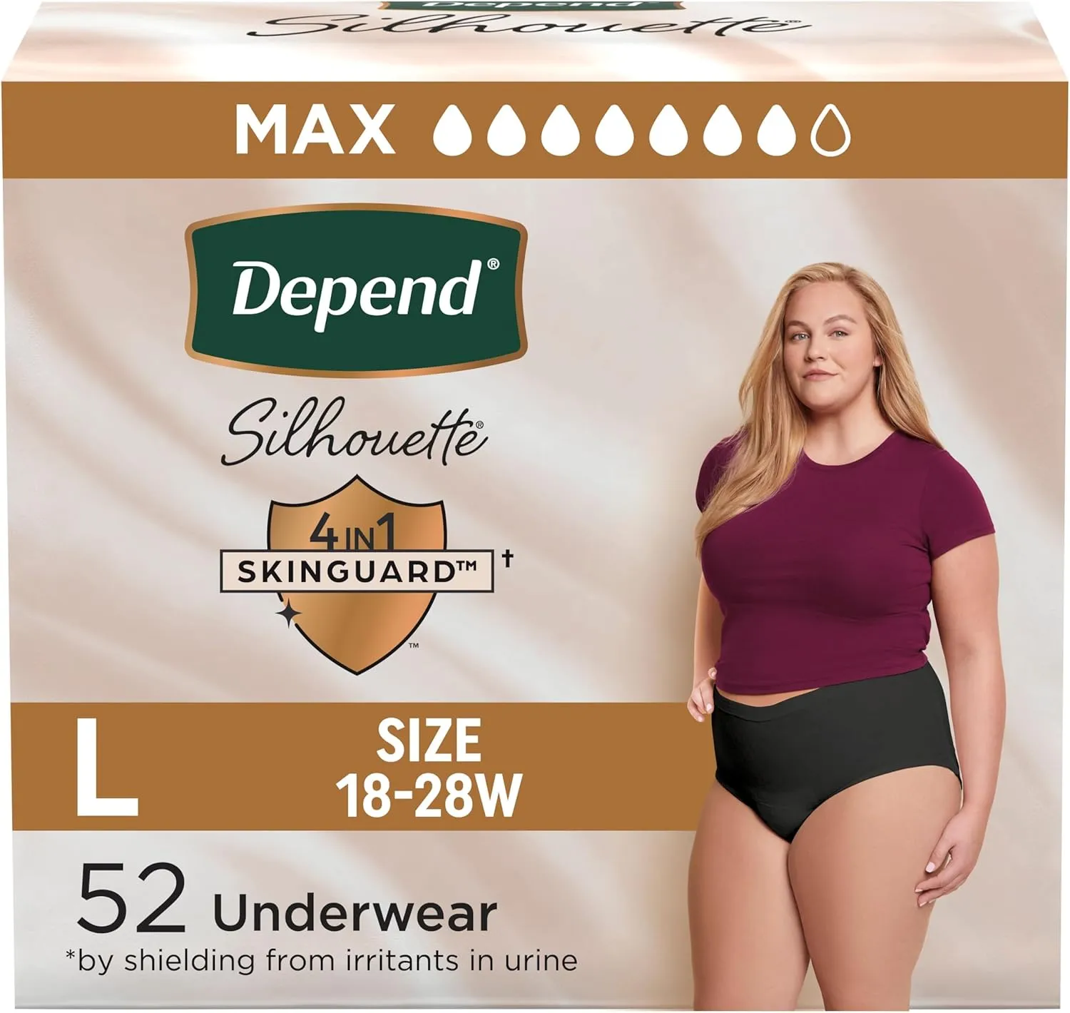 Depend Silhouette Adult Incontinence & Postpartum Bladder Leak Underwear for Women, Maximum Absorbency, Large, Black, 52 Count (2 Packs of 26), Packaging May Vary