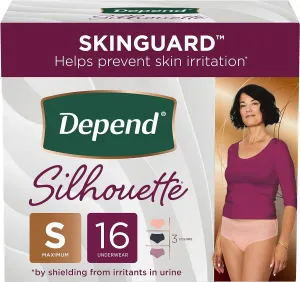 Depend Silhouette Adult Incontinence and Postpartum Underwear for Women, Small, Maximum Absorbency, Black, Pink and Berry, 16 Count, Packaging May Vary