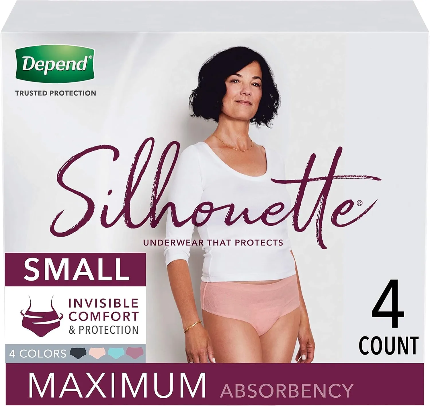 Depend Silhouette Incontinence and Postpartum Underwear for Women, Maximum Absorbency, Disposable, Small, Pink/Black/Teal/Berry, 4 Count