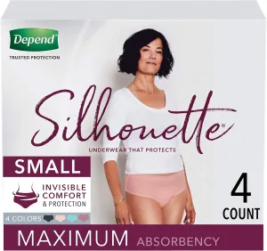 Depend Silhouette Incontinence and Postpartum Underwear for Women, Maximum Absorbency, Disposable, Small, Pink/Black/Teal/Berry, 4 Count