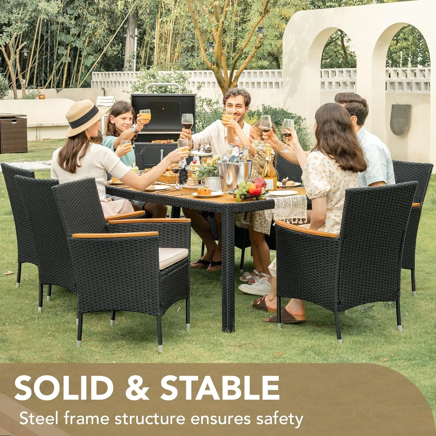 Devoko Outdoor Patio Dining Sets 9 Pieces Wicker Outdoor Dining Table and Chairs Set with Acacia Wood Table Top and Widened Armrests for Backyard, Garden, Deck (Black)