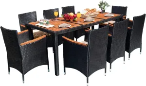 Devoko Outdoor Patio Dining Sets 9 Pieces Wicker Outdoor Dining Table and Chairs Set with Acacia Wood Table Top and Widened Armrests for Backyard, Garden, Deck (Black)