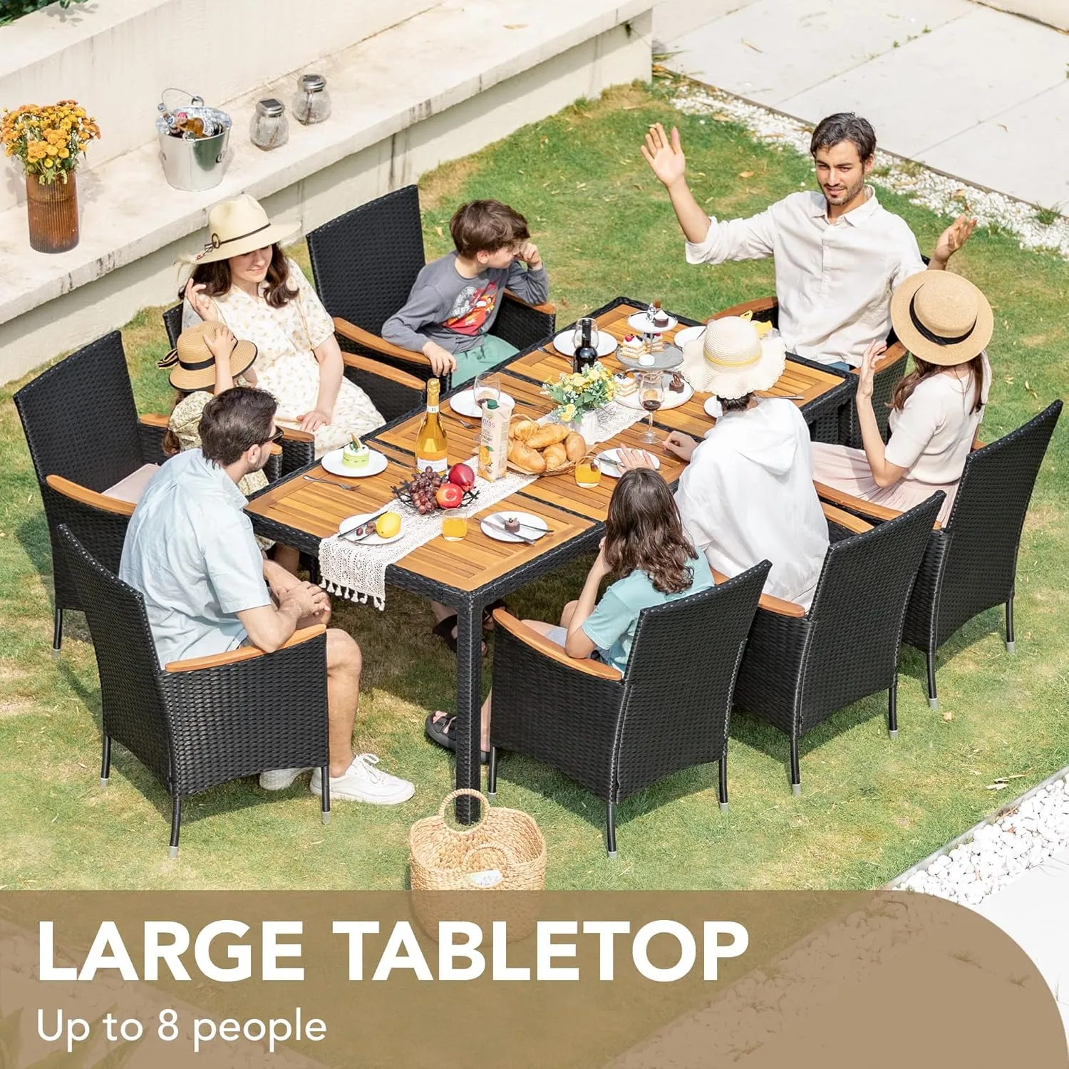 Devoko Outdoor Patio Dining Sets 9 Pieces Wicker Outdoor Dining Table and Chairs Set with Acacia Wood Table Top and Widened Armrests for Backyard, Garden, Deck (Black)