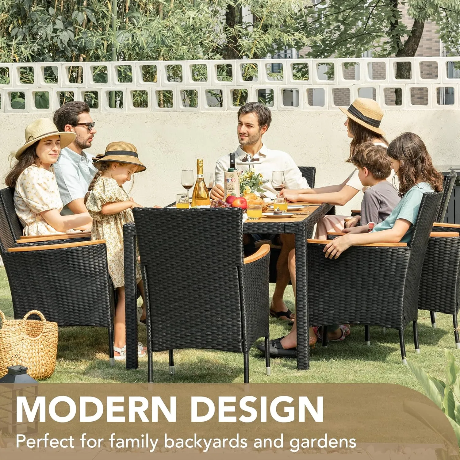 Devoko Outdoor Patio Dining Sets 9 Pieces Wicker Outdoor Dining Table and Chairs Set with Acacia Wood Table Top and Widened Armrests for Backyard, Garden, Deck (Black)