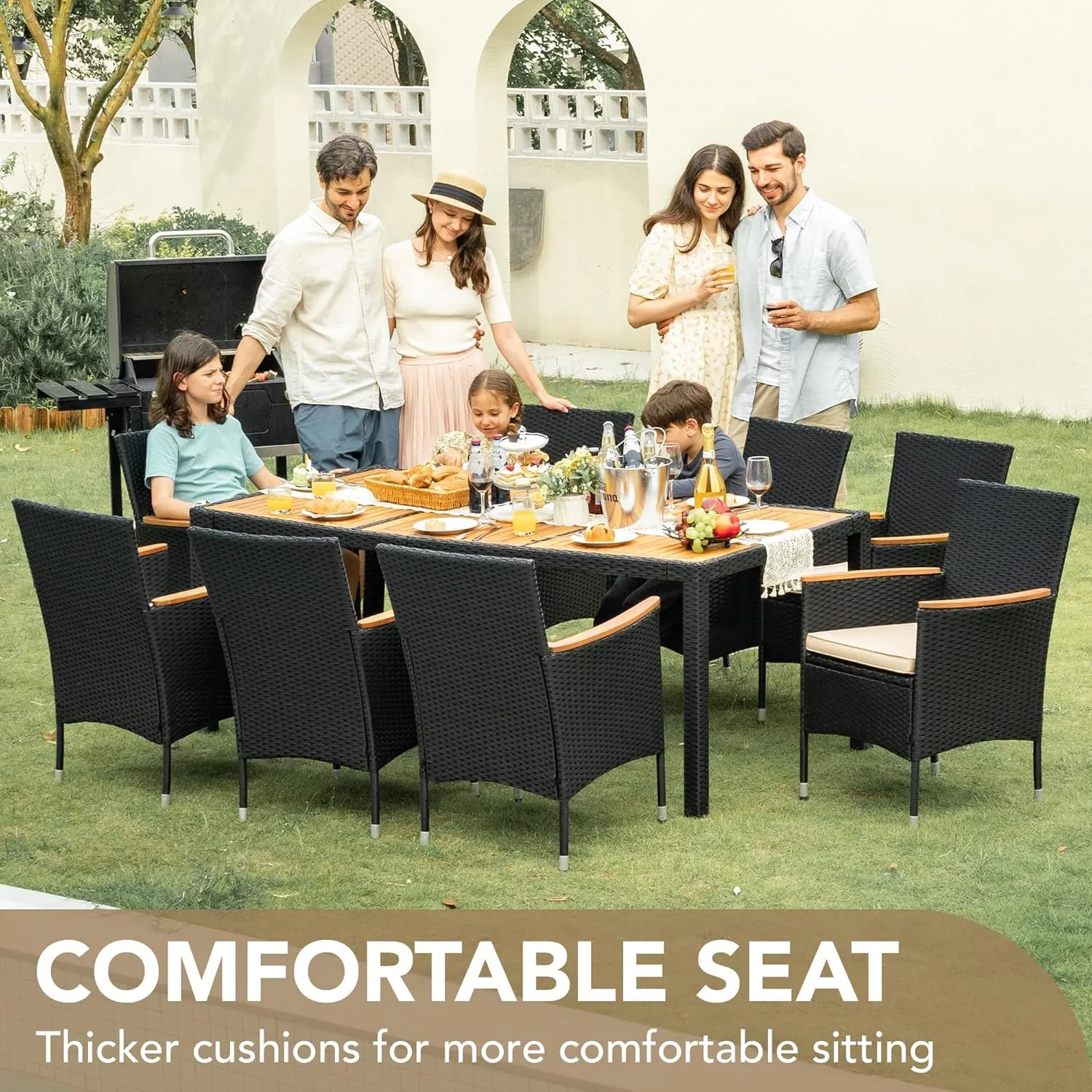 Devoko Outdoor Patio Dining Sets 9 Pieces Wicker Outdoor Dining Table and Chairs Set with Acacia Wood Table Top and Widened Armrests for Backyard, Garden, Deck (Black)