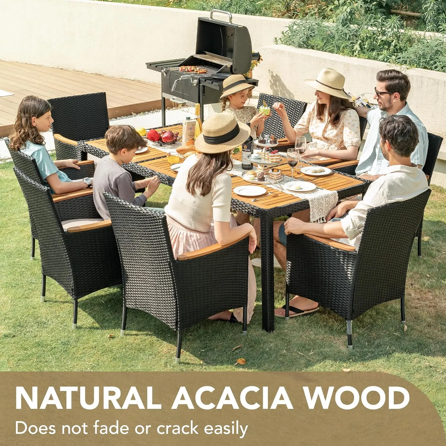 Devoko Outdoor Patio Dining Sets 9 Pieces Wicker Outdoor Dining Table and Chairs Set with Acacia Wood Table Top and Widened Armrests for Backyard, Garden, Deck (Black)