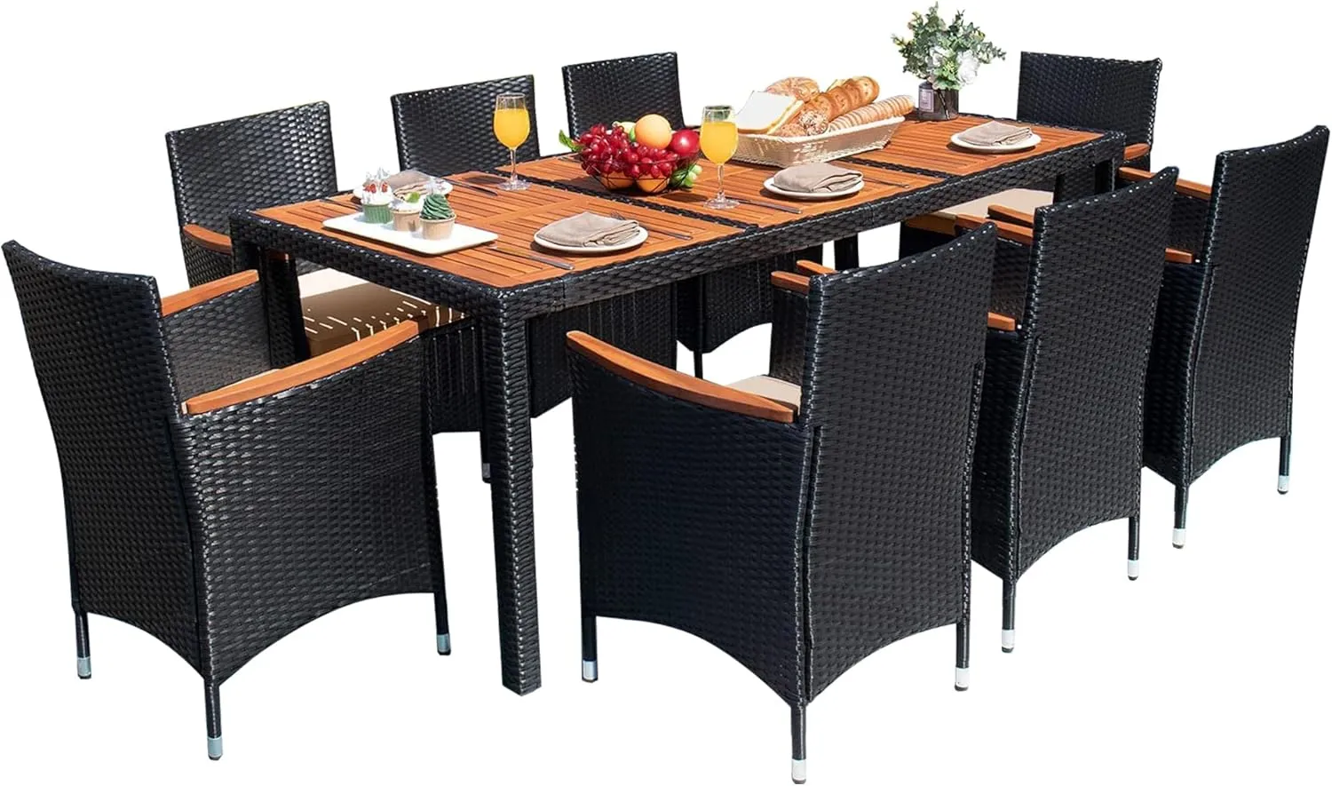 Devoko Outdoor Patio Dining Sets 9 Pieces Wicker Outdoor Dining Table and Chairs Set with Acacia Wood Table Top and Widened Armrests for Backyard, Garden, Deck (Black)