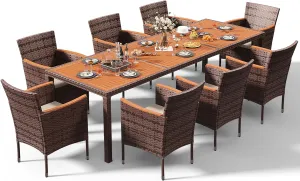 Devoko Outdoor Patio Dining Sets 9 Pieces Wicker Outdoor Dining Table and Chairs Set with Acacia Wood Table Top and Widened Armrests for Backyard, Garden, Deck (Brown)