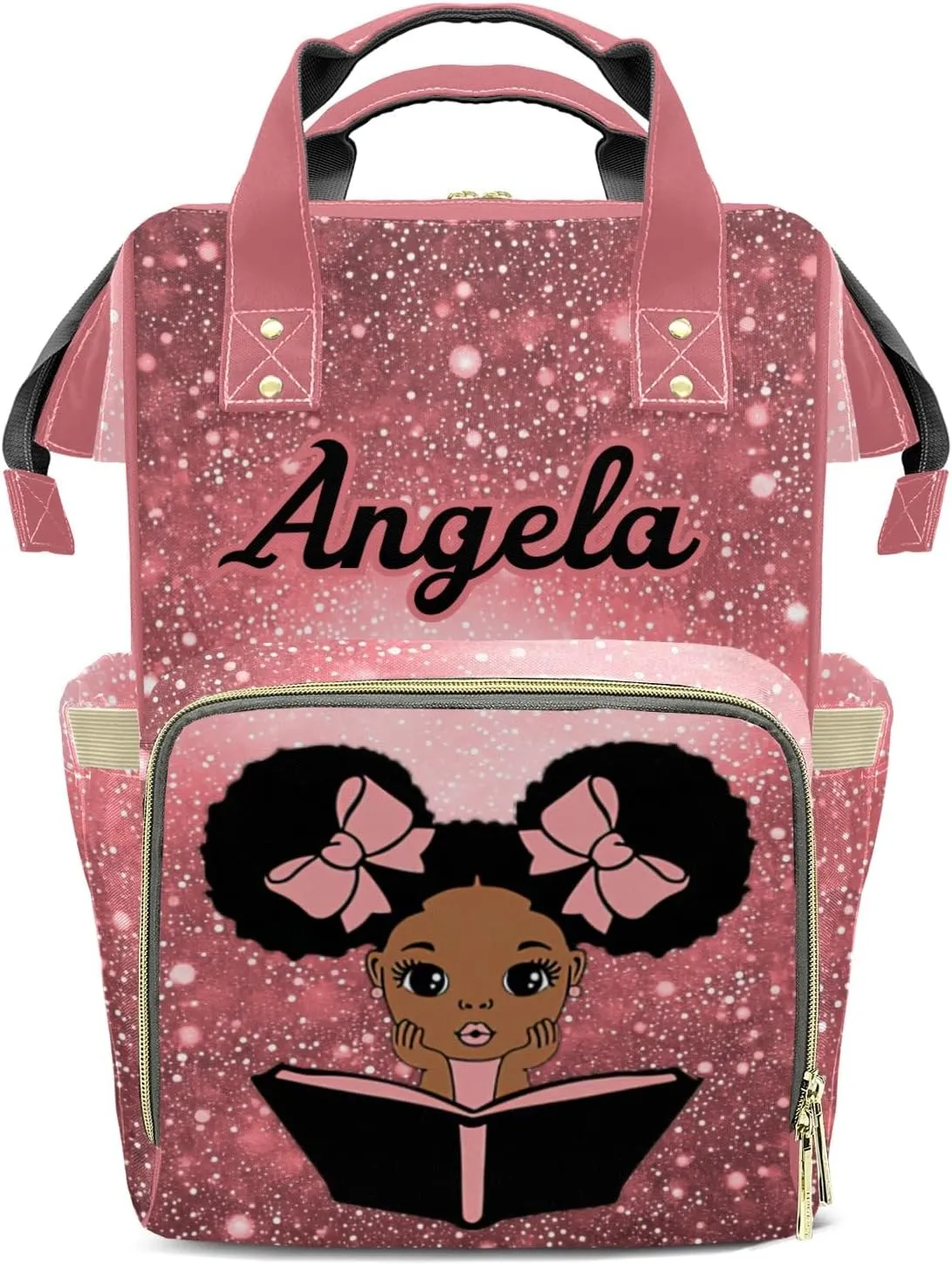 Diaper Bags Purple African Girl Reading Tote Bag Backpack Custom Name Mommy Nursing Bag Giving for Women Pink Red Bling Print