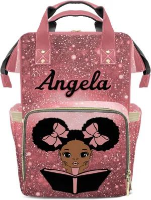 Diaper Bags Purple African Girl Reading Tote Bag Backpack Custom Name Mommy Nursing Bag Giving for Women Pink Red Bling Print