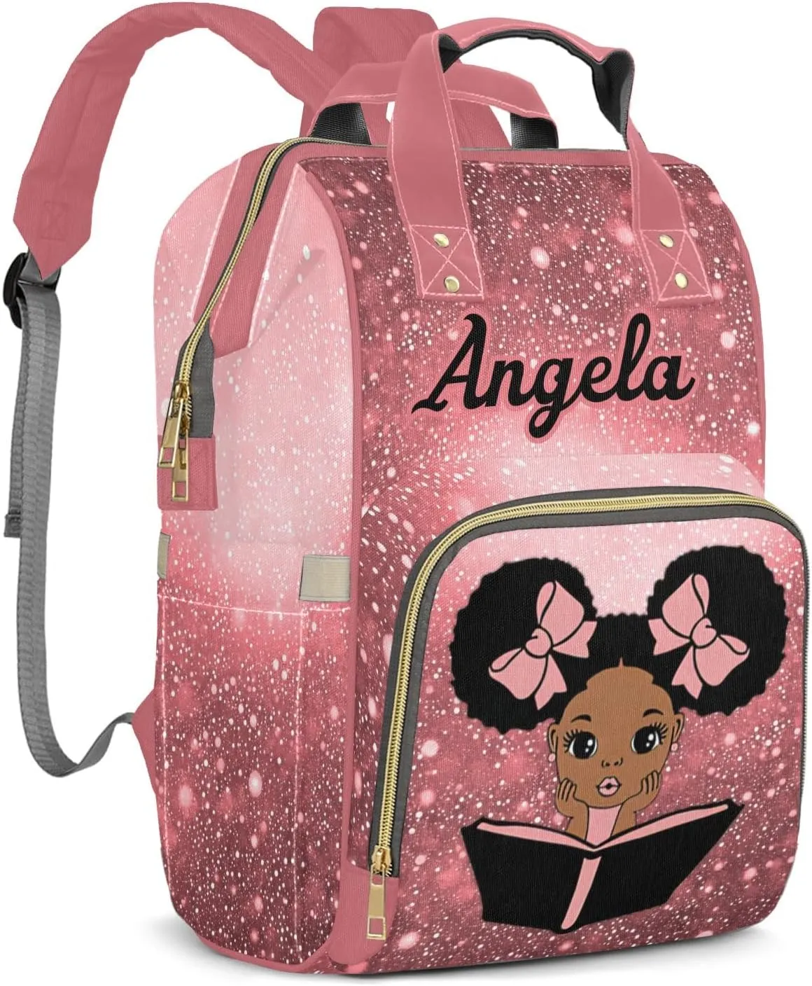 Diaper Bags Purple African Girl Reading Tote Bag Backpack Custom Name Mommy Nursing Bag Giving for Women Pink Red Bling Print