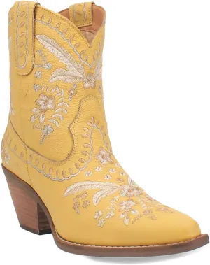 Dingo Womens Primrose Metallic Embroidered Floral Snip Toe Casual Boots Ankle Mid Heel 2-3" - Yellow