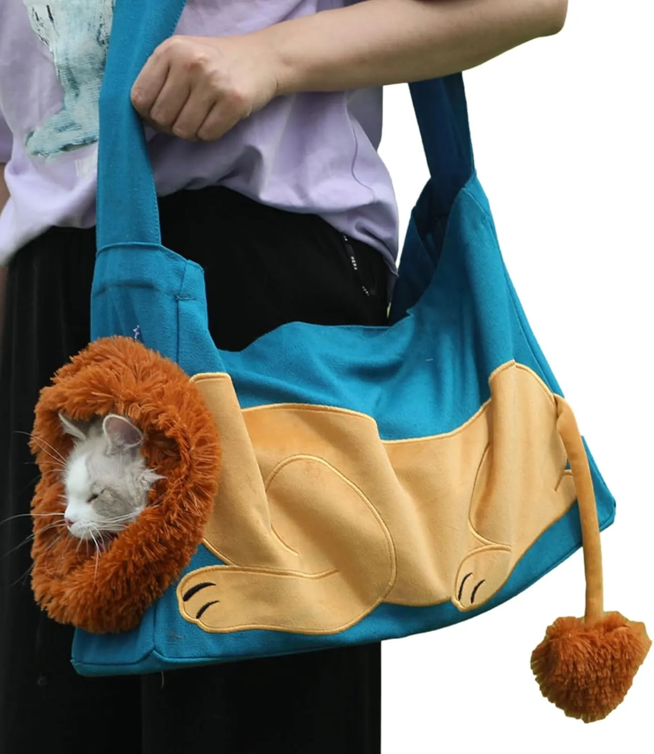 Dog Carrier Sling Lion-Shaped Pet Canvas Bag Cat Shoulder Bag Pet Body Holder for Daily Use Walking Travel Outdoor, Acid Blue L