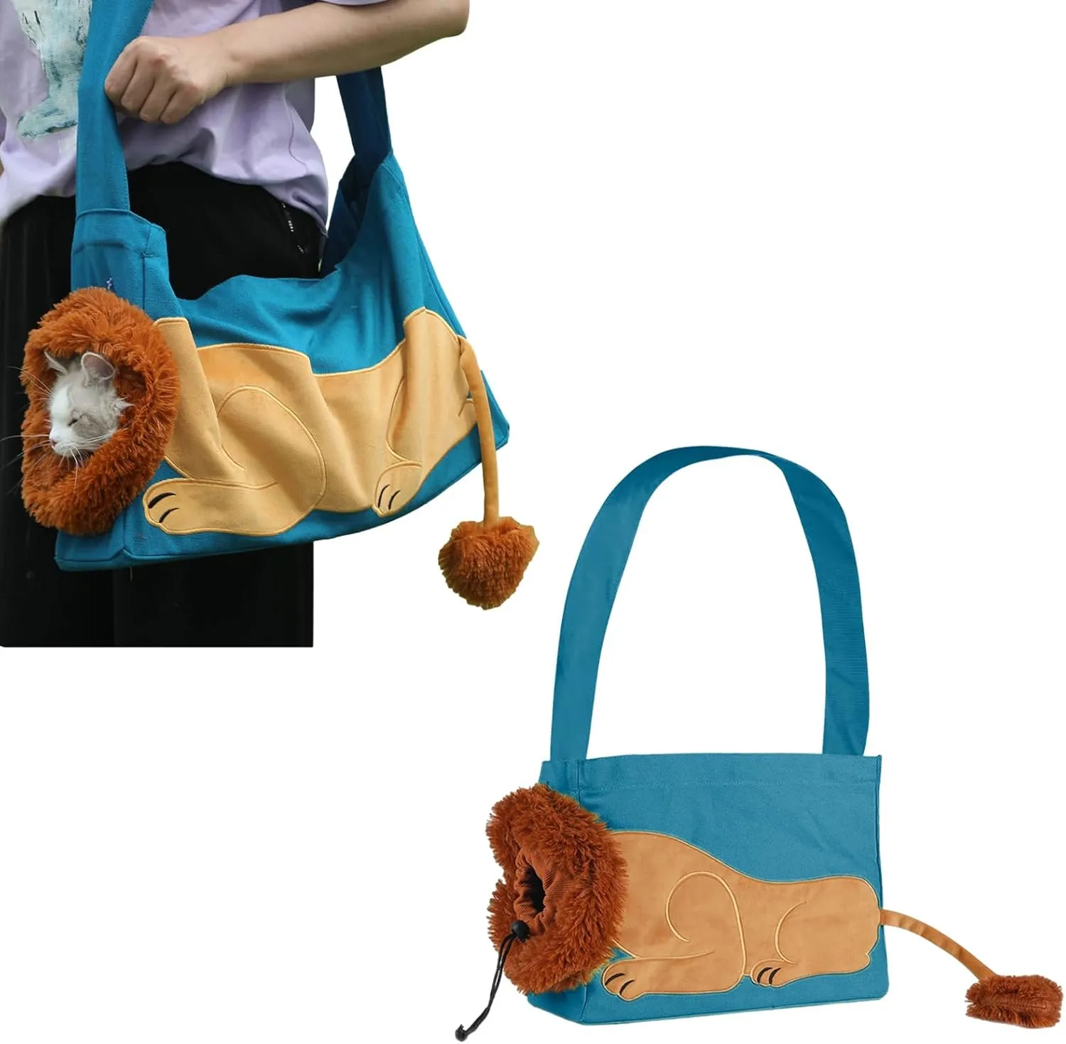 Dog Carrier Sling Lion-Shaped Pet Canvas Bag Cat Shoulder Bag Pet Body Holder for Daily Use Walking Travel Outdoor, Acid Blue S