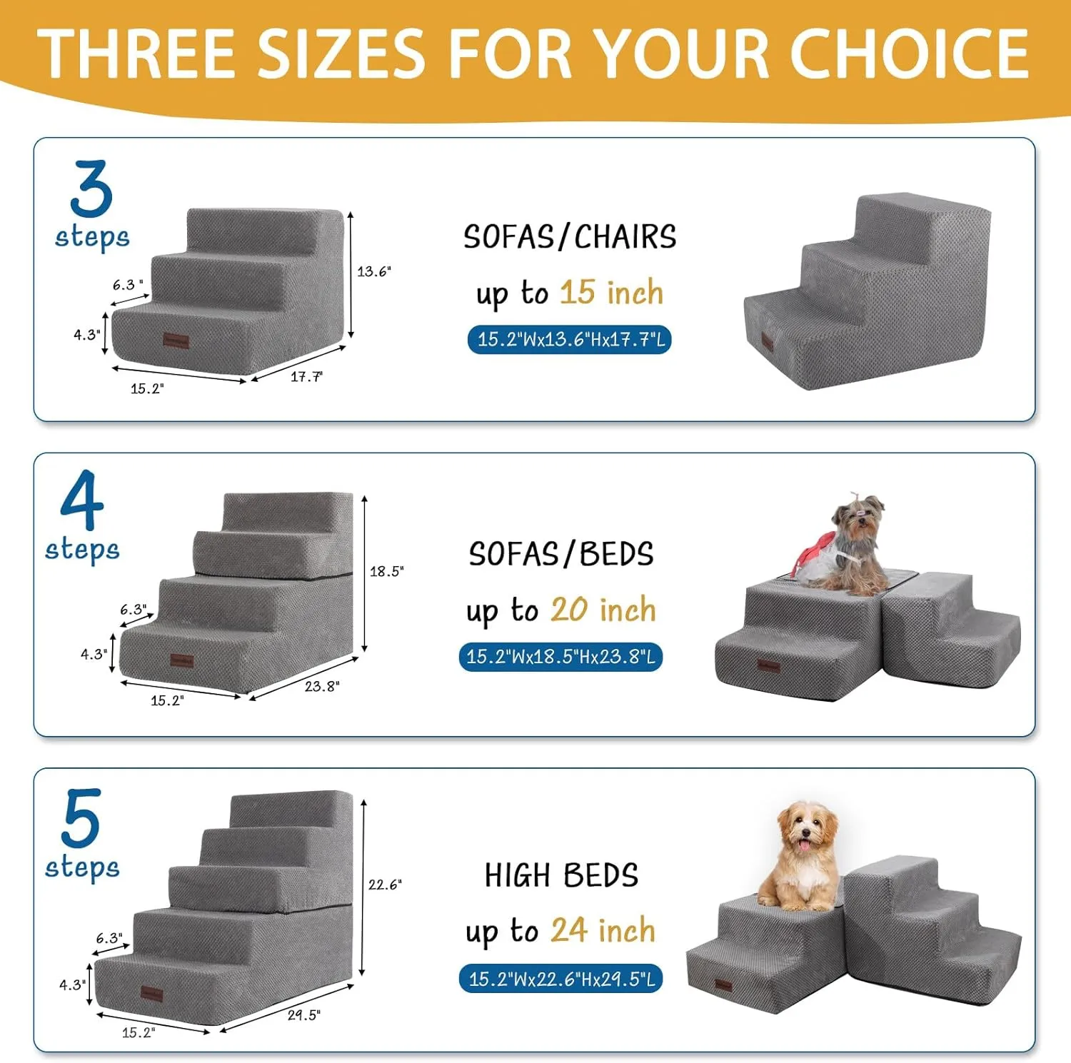 Dog Stairs for Small Dogs & Cats, 3-Step Non-Slip Pet Steps for Couch Sofa and Chair, Grey, 13.6" H