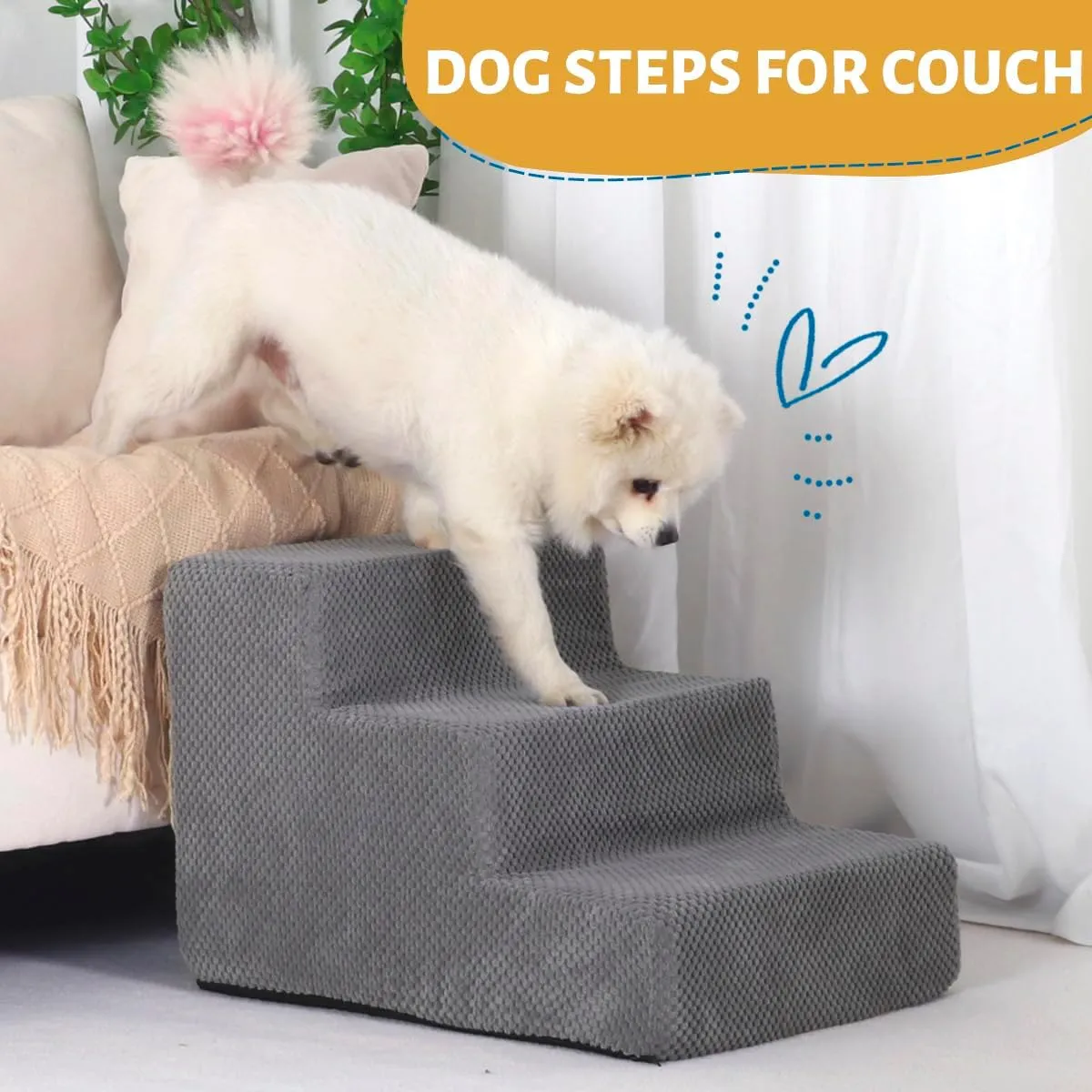 Dog Stairs for Small Dogs & Cats, 3-Step Non-Slip Pet Steps for Couch Sofa and Chair, Grey, 13.6" H