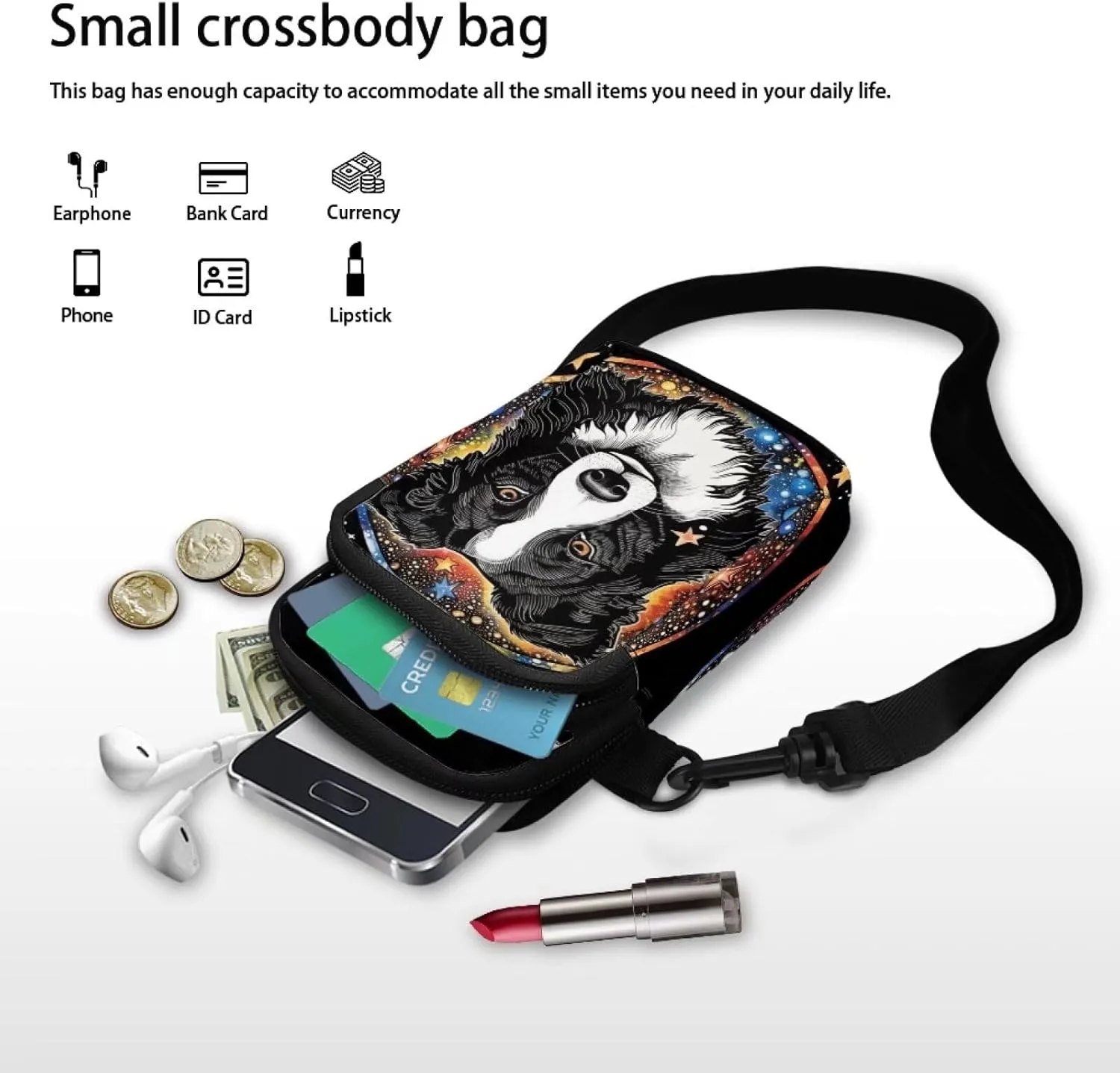 Dog Tiger Crossbody Bags for Women, Rose Daisy Small Crossbody Handbags, Cow Print Stained Glass Mini Cell Phone Bag