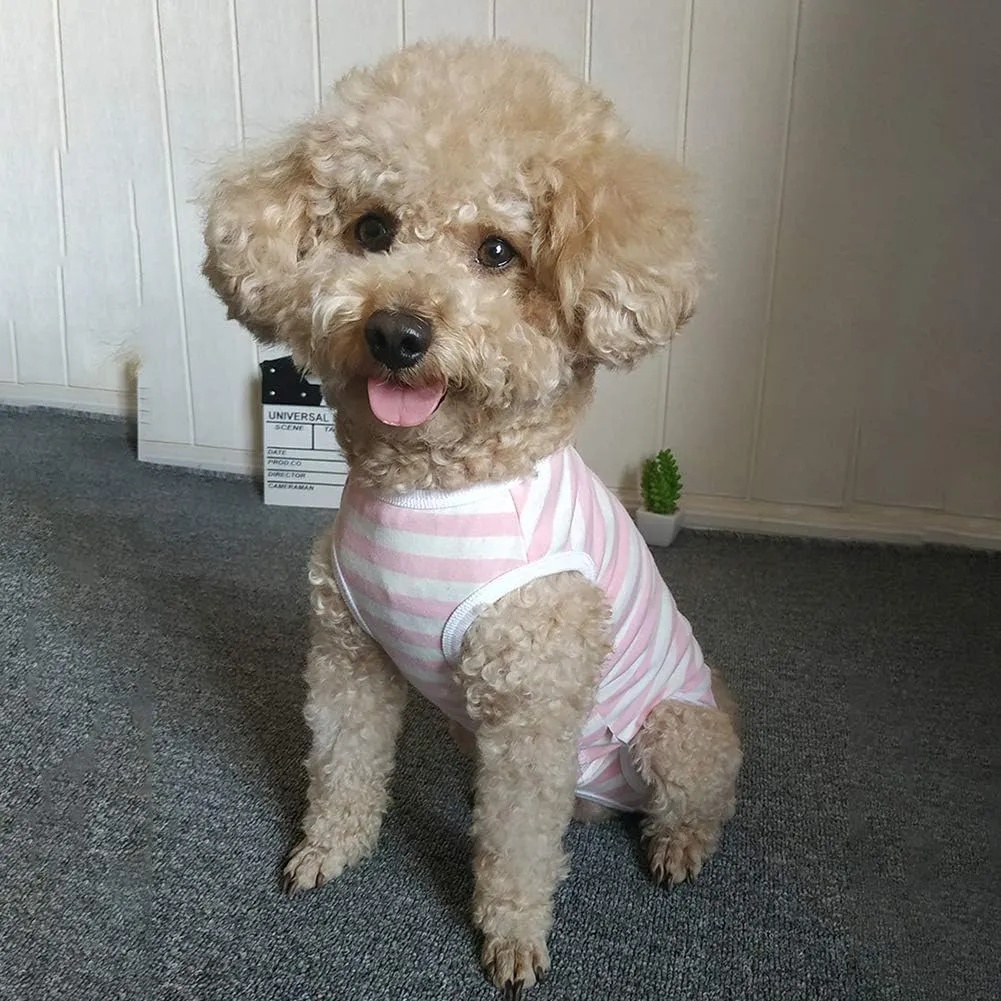 Dog’s Recovery Suit Post Surgery Shirt for Puppy, Wound Protective Clothes for Little Animals Dogs Cats (Pink White Stripe-s)