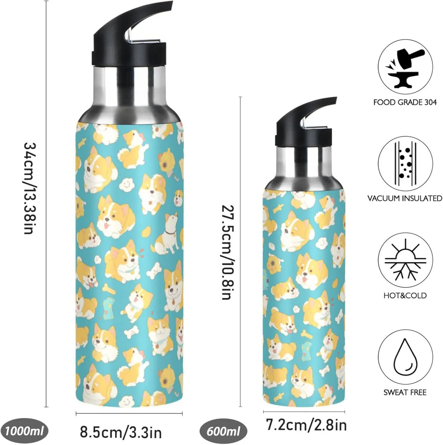 Dogs Water Bottle with Straw Lid Double Wall Funny Corgi Thermos Bottle Vacuum Insulated Flask Stainless Steel Water Bottle for Gym Outdoor 20 OZ
