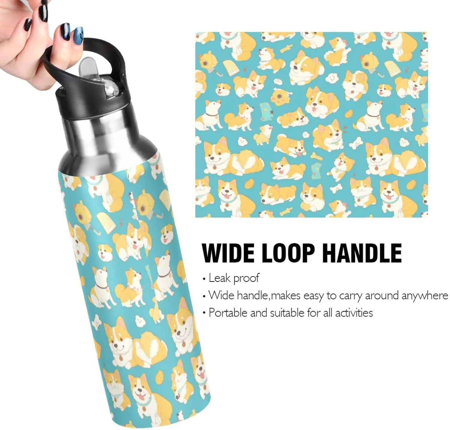 Dogs Water Bottle with Straw Lid Double Wall Funny Corgi Thermos Bottle Vacuum Insulated Flask Stainless Steel Water Bottle for Gym Outdoor 20 OZ