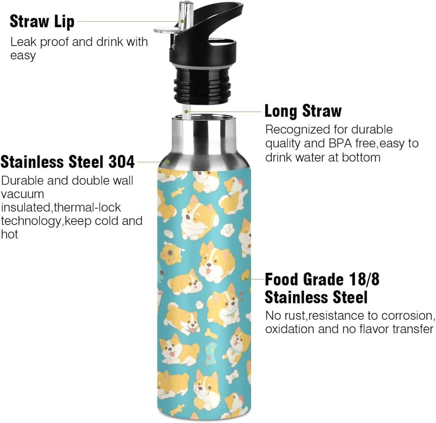 Dogs Water Bottle with Straw Lid Double Wall Funny Corgi Thermos Bottle Vacuum Insulated Flask Stainless Steel Water Bottle for Gym Outdoor 20 OZ