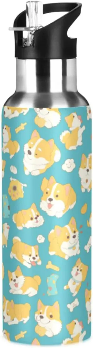 Dogs Water Bottle with Straw Lid Double Wall Funny Corgi Thermos Bottle Vacuum Insulated Flask Stainless Steel Water Bottle for Gym Outdoor 20 OZ