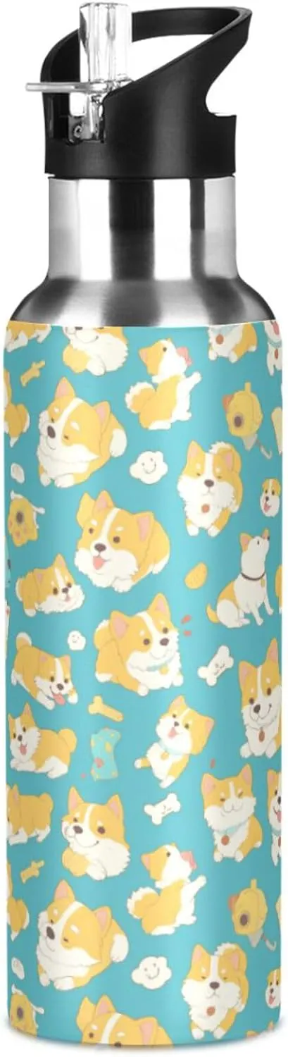 Dogs Water Bottle with Straw Lid Double Wall Funny Corgi Thermos Bottle Vacuum Insulated Flask Stainless Steel Water Bottle for Gym Outdoor 20 OZ
