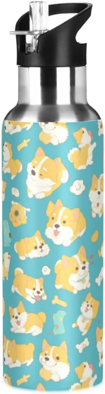 Dogs Water Bottle with Straw Lid Double Wall Funny Corgi Thermos Bottle Vacuum Insulated Flask Stainless Steel Water Bottle for Gym Outdoor 20 OZ