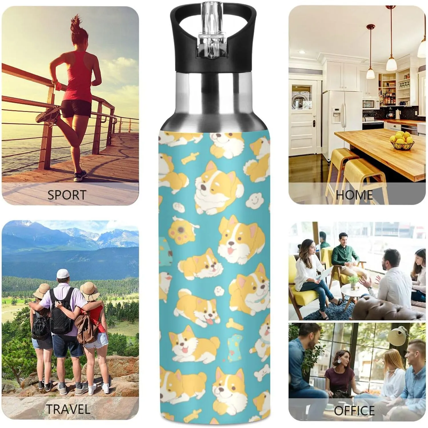 Dogs Water Bottle with Straw Lid Double Wall Funny Corgi Thermos Bottle Vacuum Insulated Flask Stainless Steel Water Bottle for Gym Outdoor 20 OZ