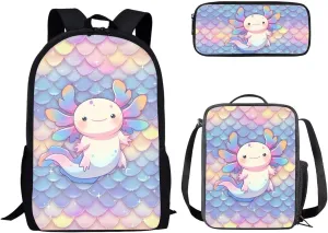 Dolyues Scale Cute Axolotl Cute Kids Backpack Set with Lunch Box & Pencil Case - 3-Piece School Bag for Primary Girls - Stylish Handbag & Pen Bag Included