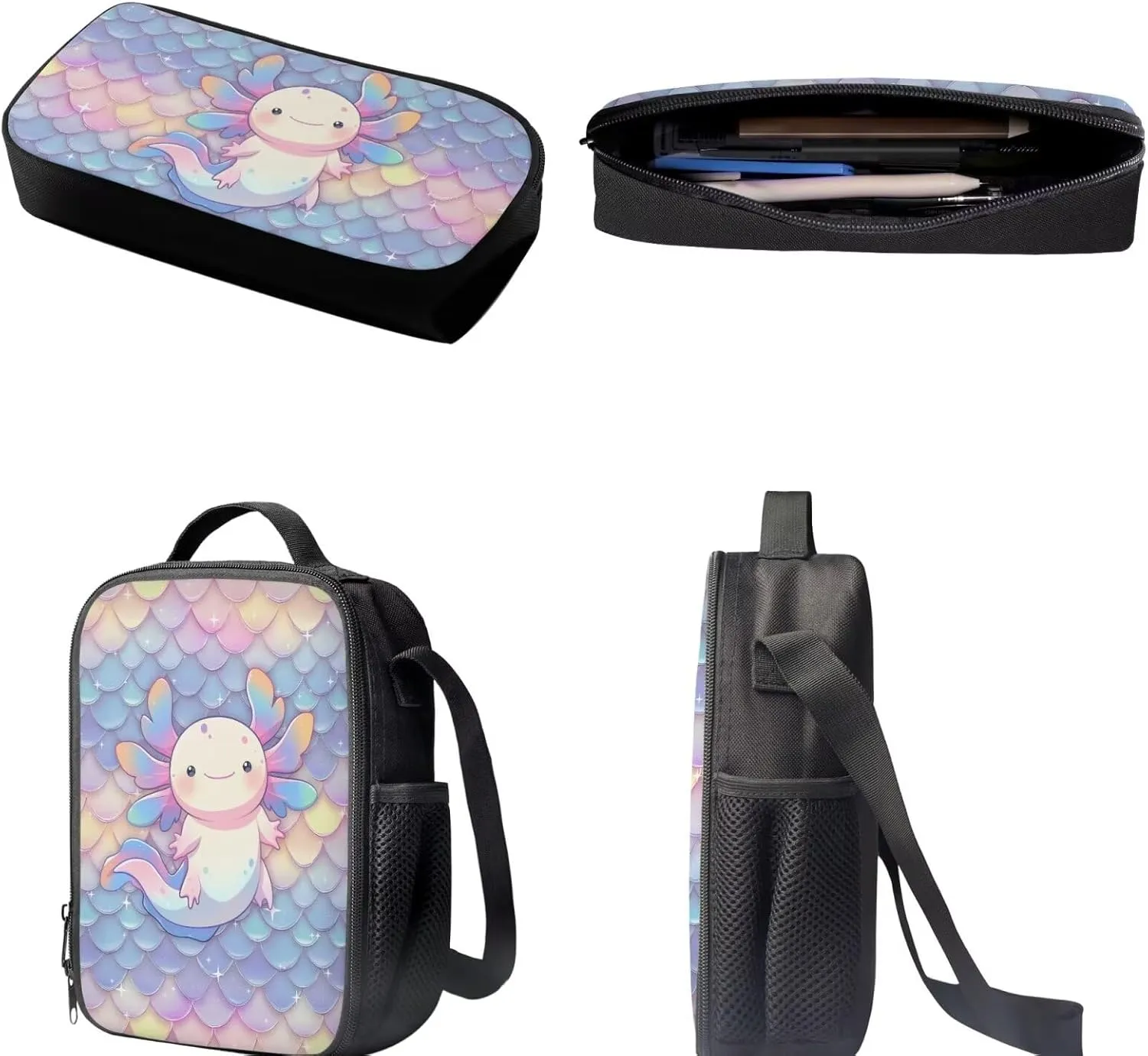 Dolyues Scale Cute Axolotl Cute Kids Backpack Set with Lunch Box & Pencil Case - 3-Piece School Bag for Primary Girls - Stylish Handbag & Pen Bag Included
