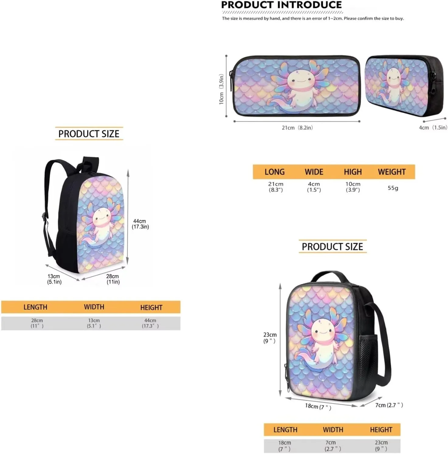 Dolyues Scale Cute Axolotl Cute Kids Backpack Set with Lunch Box & Pencil Case - 3-Piece School Bag for Primary Girls - Stylish Handbag & Pen Bag Included