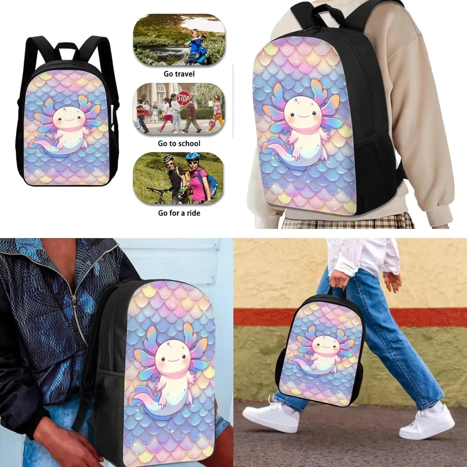 Dolyues Scale Cute Axolotl Cute Kids Backpack Set with Lunch Box & Pencil Case - 3-Piece School Bag for Primary Girls - Stylish Handbag & Pen Bag Included