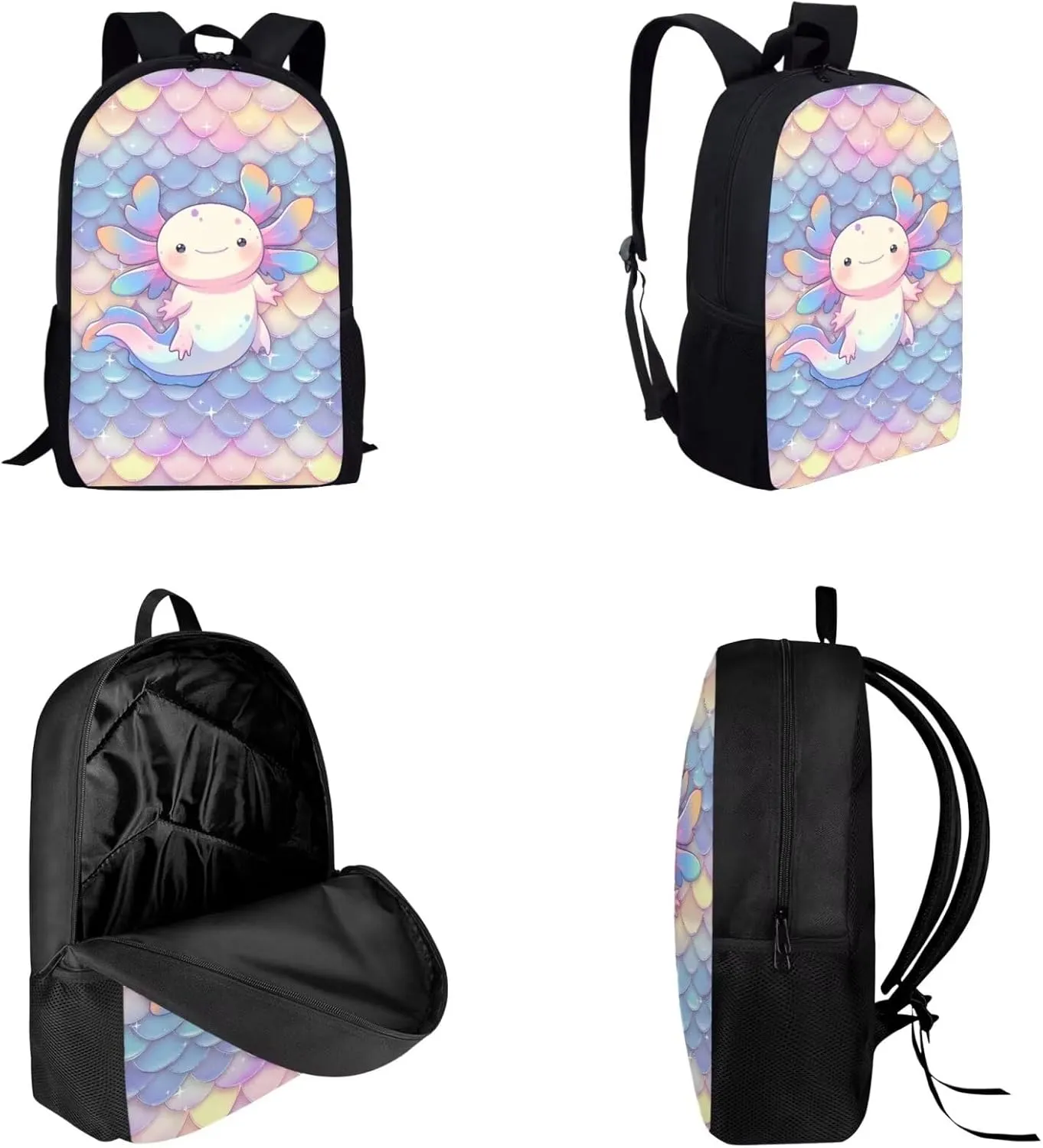 Dolyues Scale Cute Axolotl Cute Kids Backpack Set with Lunch Box & Pencil Case - 3-Piece School Bag for Primary Girls - Stylish Handbag & Pen Bag Included