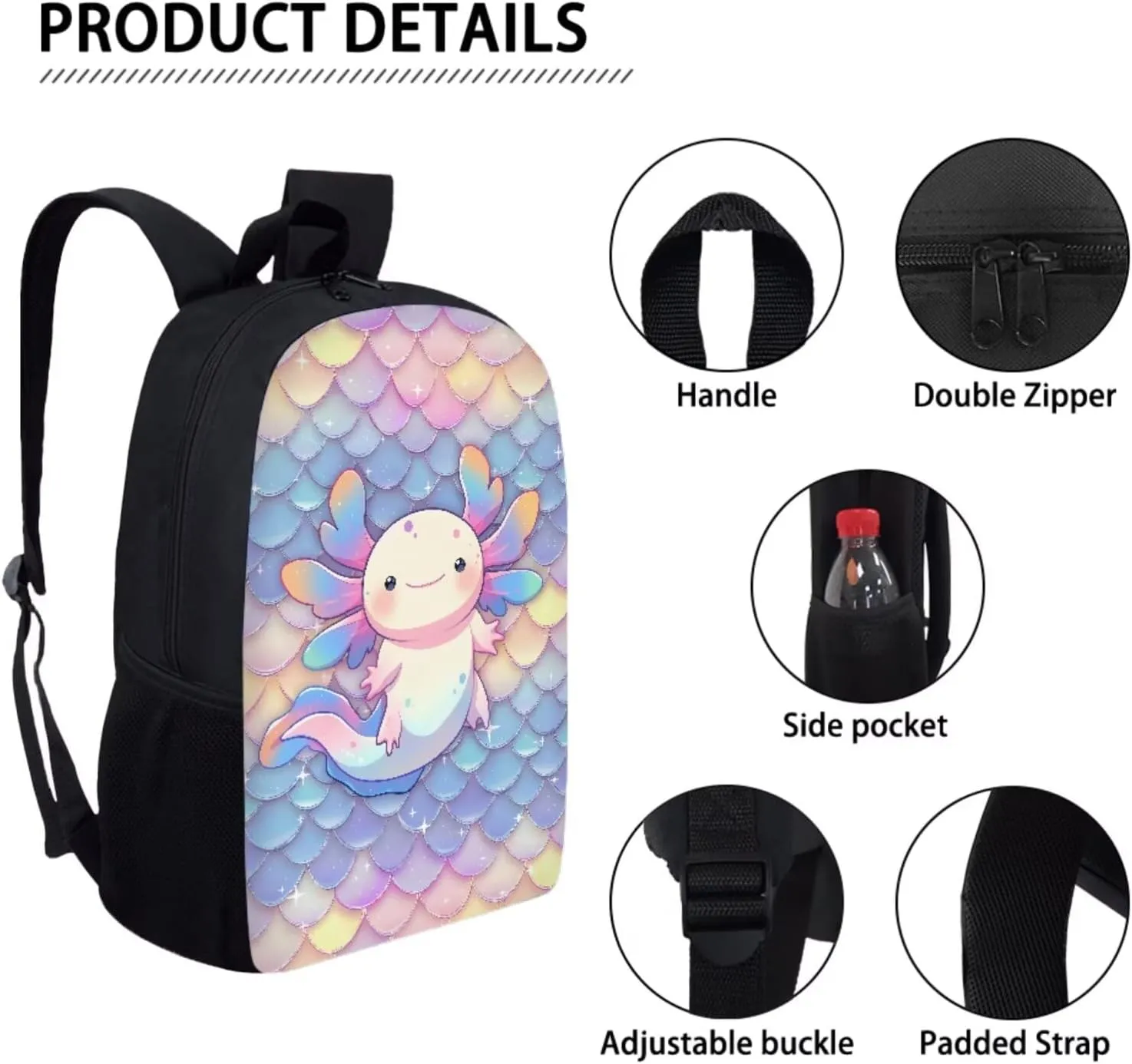 Dolyues Scale Cute Axolotl Cute Kids Backpack Set with Lunch Box & Pencil Case - 3-Piece School Bag for Primary Girls - Stylish Handbag & Pen Bag Included