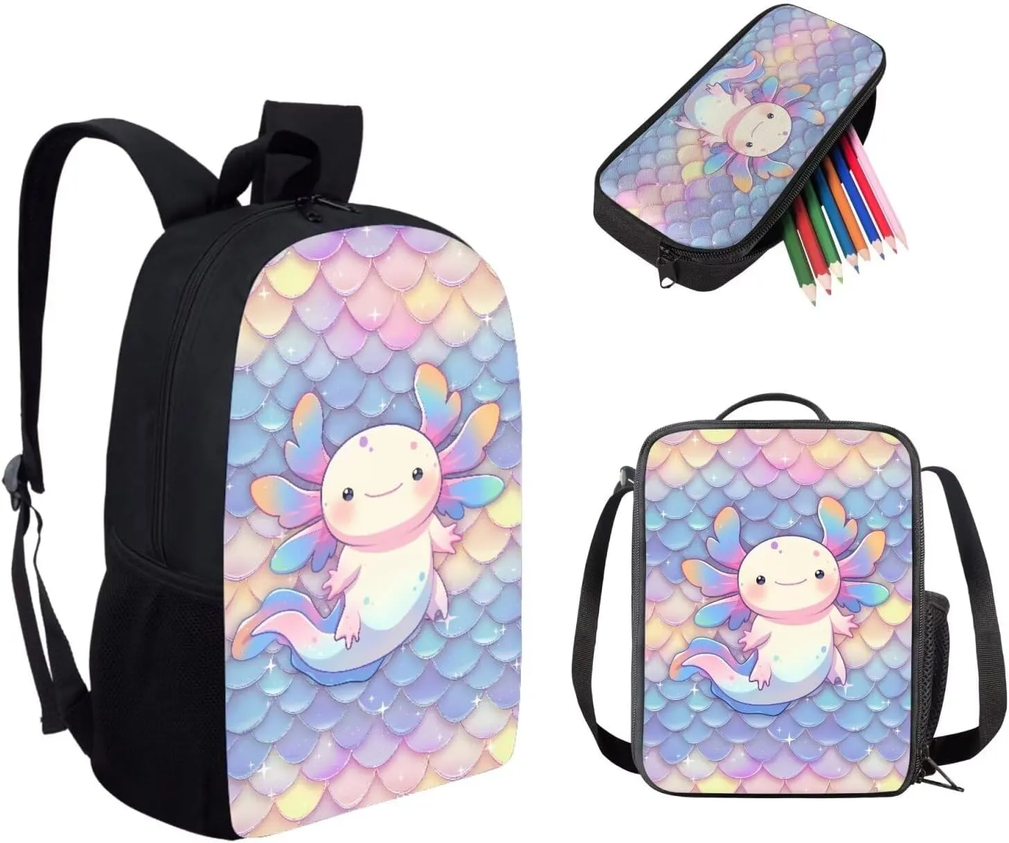 Dolyues Scale Cute Axolotl Cute Kids Backpack Set with Lunch Box & Pencil Case - 3-Piece School Bag for Primary Girls - Stylish Handbag & Pen Bag Included