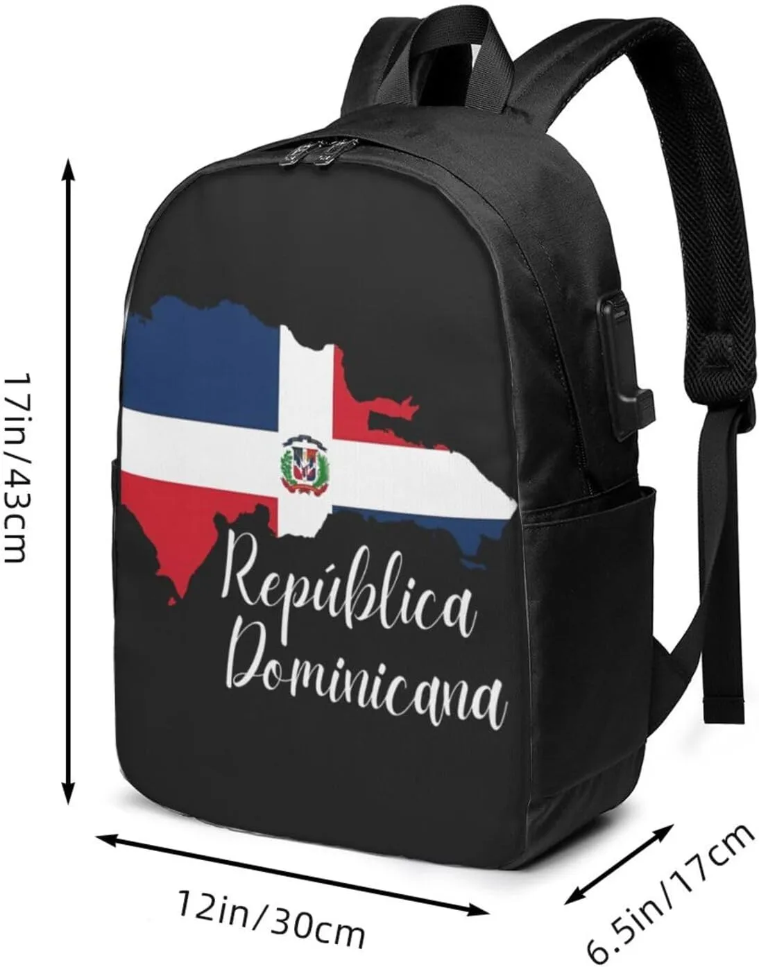 Dominican Republic Map Flag Travel Backpack 17-Inch Laptop Backpacks Business Rucksack Casual Sport Daypack with USB Charging Port Carry-on Bag for Camping Biking