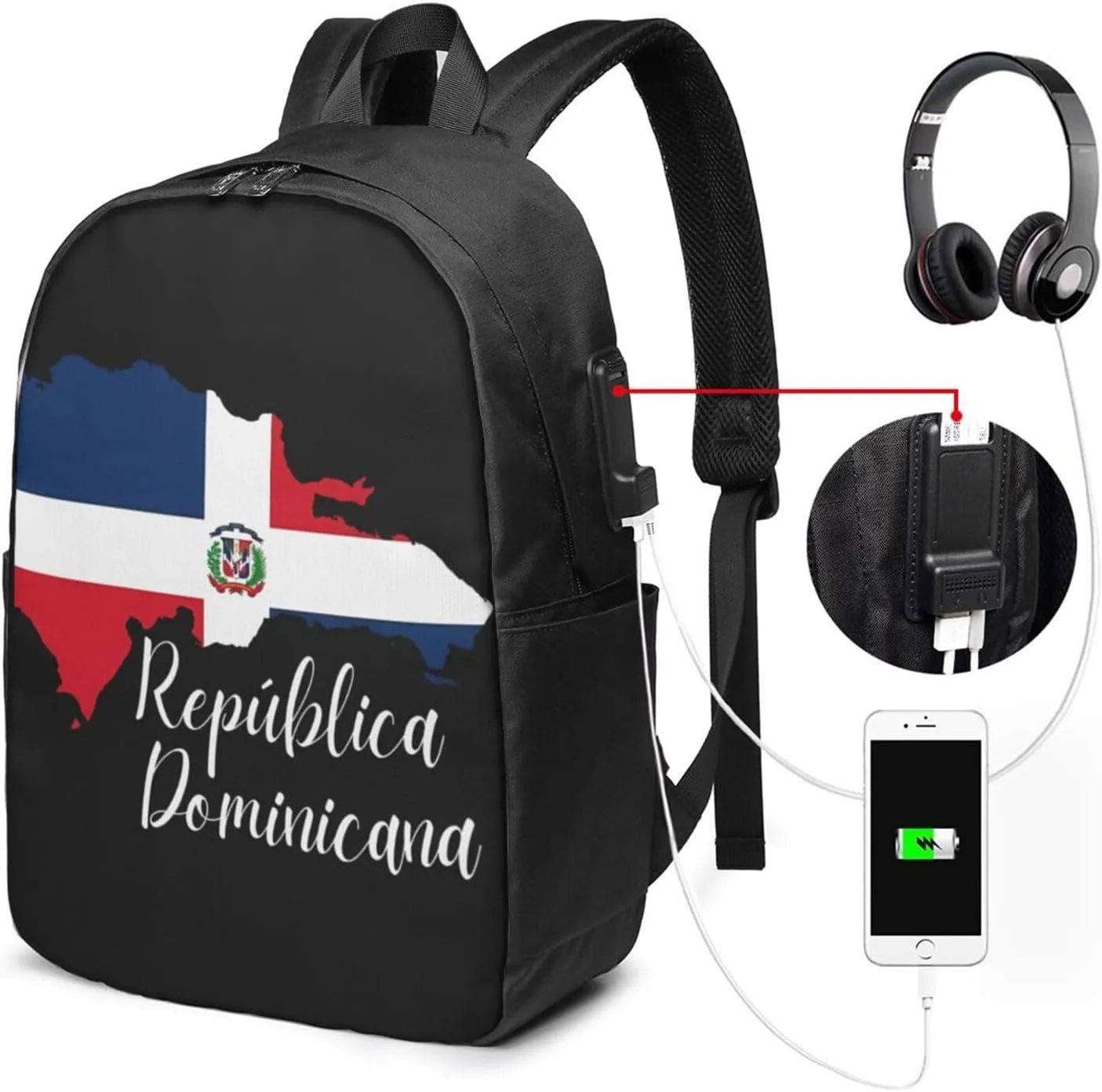 Dominican Republic Map Flag Travel Backpack 17-Inch Laptop Backpacks Business Rucksack Casual Sport Daypack with USB Charging Port Carry-on Bag for Camping Biking