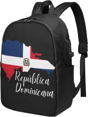 Dominican Republic Map Flag Travel Backpack 17-Inch Laptop Backpacks Business Rucksack Casual Sport Daypack with USB Charging Port Carry-on Bag for Camping Biking