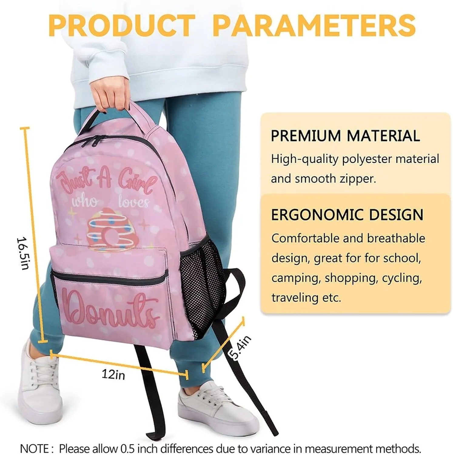 Donut Backpacks for Girls - 16 Inch Cute Backpack for School - Pink, Large Capacity, Durable, Lightweight Bookbag for Kids Travel